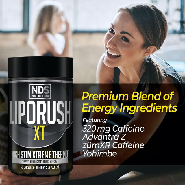 LIPORUSH NDS Nutrition XT - Super Concentrated Thermogenic with L-Carnitine & Teacrine for Shredding Fat - Supports Maximum Energy, Focus, Calorie Burning, Diuretic, Appetite Control (60 Capsules)