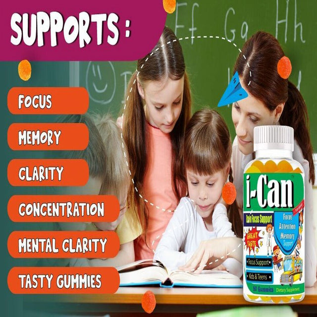 I-Can Brain Booster Supplement for Kids, Improve Focus & Attention - 60 Gummies