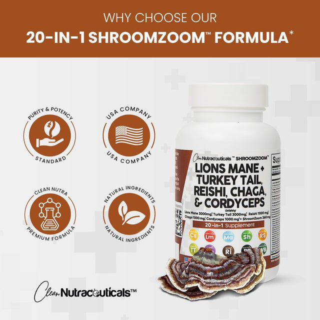 Lions Mane 3000Mg 20In1 Mushroom Supplement with Turkey Tail 2000Mg Reishi 1000Mg Cordyceps Chaga 1000Mg Maitake Meshima Poria Cocos Shiitake Oyster Porcini Enoki 60 Count Made in USA