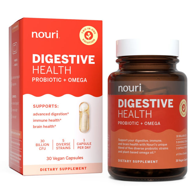 Nouri Digestive Health Probiotic with Omega for Digestion, Immune, and Brain Health, 30 Day Supply