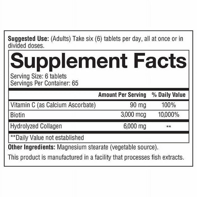 390 6000Mg of Hydrolyzed Collagen with Biotin Boost, for Skin, Hair, Nail, Aging, Teddons and Ligaments Formula Dietary Supplement Youtheory Enhanched Formula