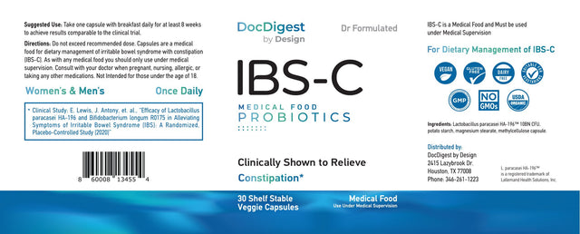 IBS-C Constipation Probiotics - Once Daily Medical Food Probiotics for Men and Women - Docdigest by Design