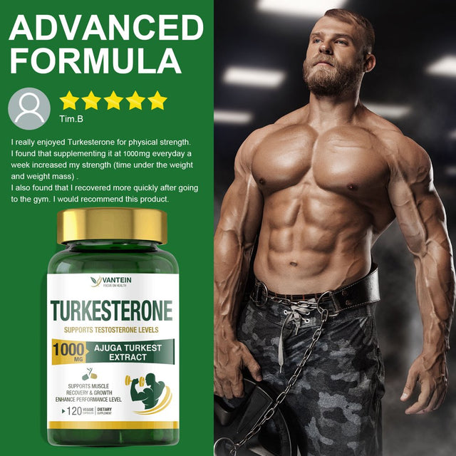 Turkesterone Supplement 1000Mg, Muscle Building and Mood Boost, Tested Male Strength Enhancer and Immune Booster,120 Vegan Capsules