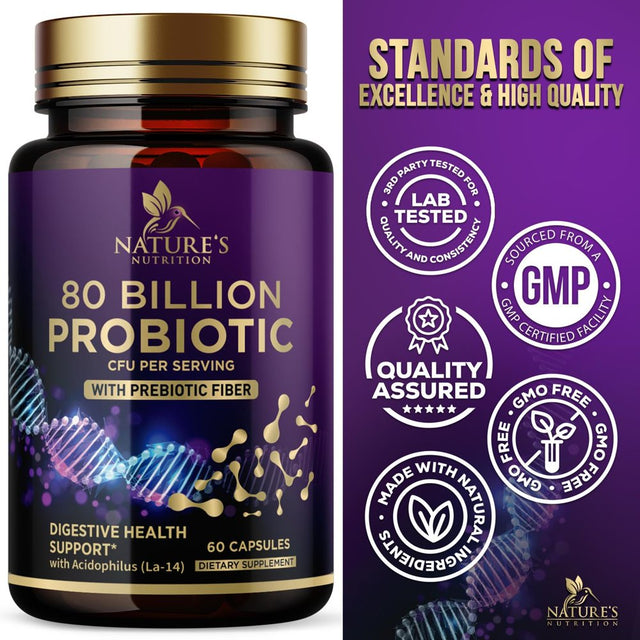 Probiotics for Digestive Health - 80 Billion CFU Guaranteed with Strains for Women'S Vaginal & Men'S Urinary Health & Daily Gut Immune Support, Nature'S Acidophilus Probiotic Supplement - 60 Capsules