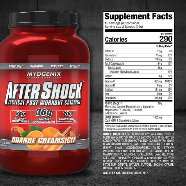 Myogenix Aftershock Post Workout, Unlimited Muscle Growth | Anabolic Whey Protein | Mass Building Carbohydrates | Amino Stack Creatine and Glutamine plus Bcaas | Orange Avalanche - 2.64 LBS