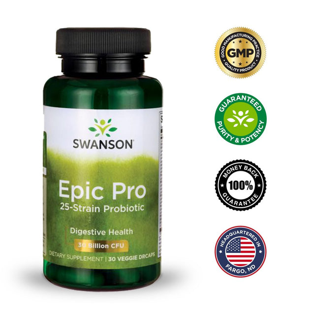 Swanson Epic Pro 25-Strain Probiotic Vegetable Capsules, 30 Billion Cfu, 30 Count