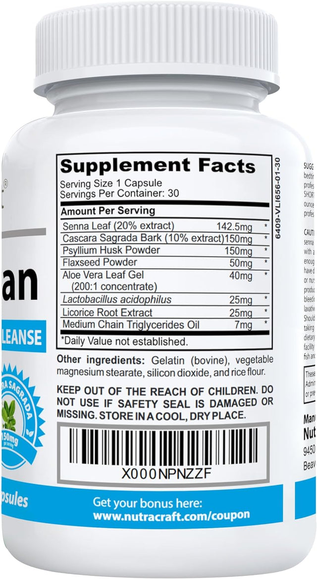 Nutracraft Colonclean #1 Colon Detox and Constipation Relief | Senna, Cascara Sagrada, Psyllium, MCT, Aloe and Probiotics | 30 Capsules