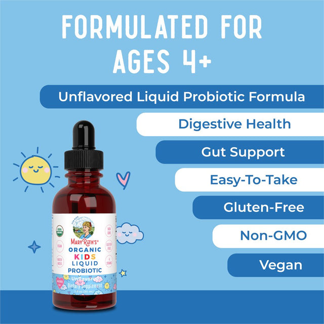 Maryruth Organics | USDA Organic Kids Liquid Probiotic for Ages 4+ | Digestive & Gut Health | Vegan, Non-Gmo | 1 Fl Oz / 30 Ml | Unisex |
