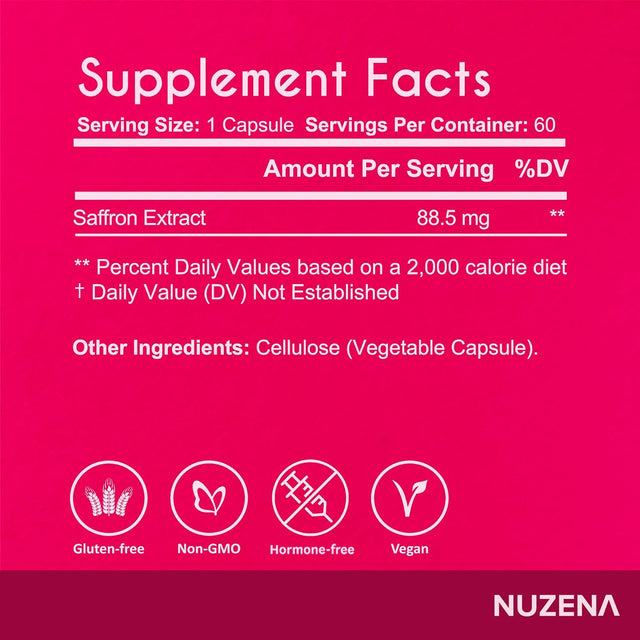 Saffron Extract Supplements | 88.5Mg per Serving | Mood Enhancer | Vegan | Non-Gmo | Pure Saffron Supplements for Eyes, Memory and Mood Support | Pack of 60 (Serving Size: 1 Capsule)