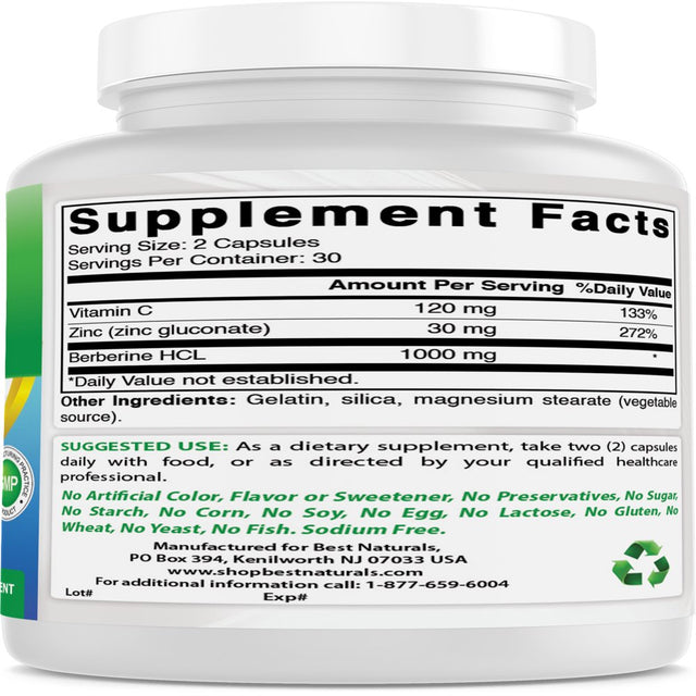 Best Naturals Berberine plus 1000 Mg per Serving 60 Capsules | Berberine HCL Extract Helps Support Healthy Blood Sugar Levels, Digestion & Immunity (Total 60 Capsules)