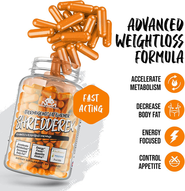 Thermogenic Weight Loss Supplement, SHREDDEREX Fat Burner, Lose Belly Fat for Women, Metabolism Booster for Men, Increased Strength, Focus & Performance 60 Capsules - NCN Supps