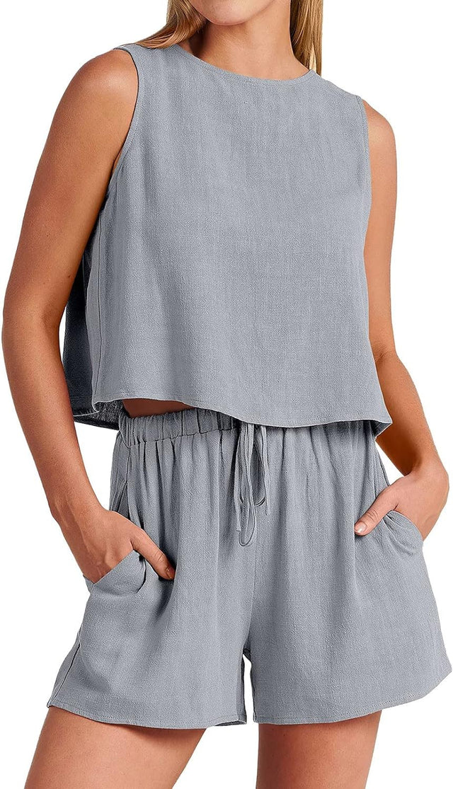 Linen Sets for Women 2 Piece Outfits 2023 Summer Elastic Waist Sleeveless Crop Top Casual Comfy Lounge Sets