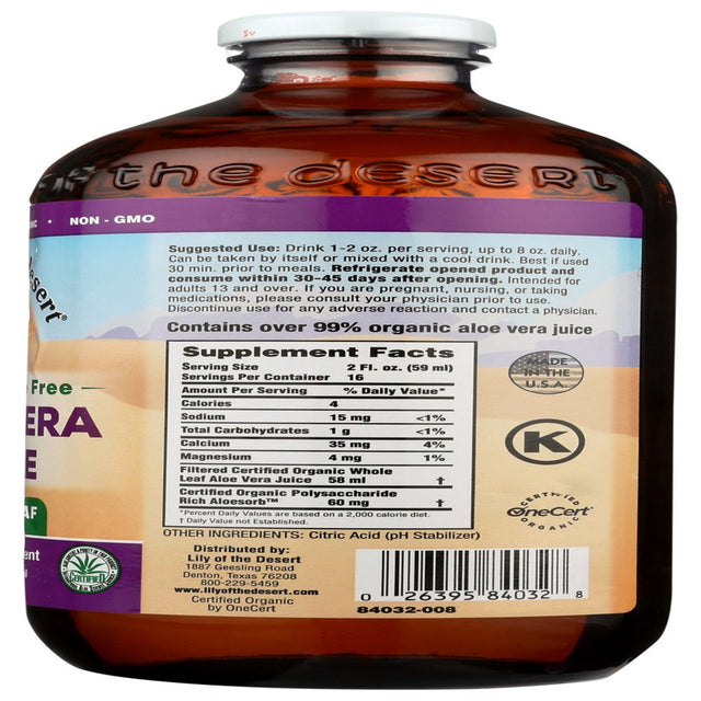 Lily of the Desert Brand Preservative Free USDA Certified Organic Whole Leaf Aloe Vera Juice Dietary Supplement