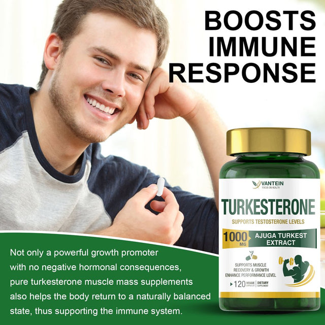 Turkesterone Supplement 1000Mg, Muscle Building and Mood Boost, Tested Male Strength Enhancer and Immune Booster,120 Vegan Capsules