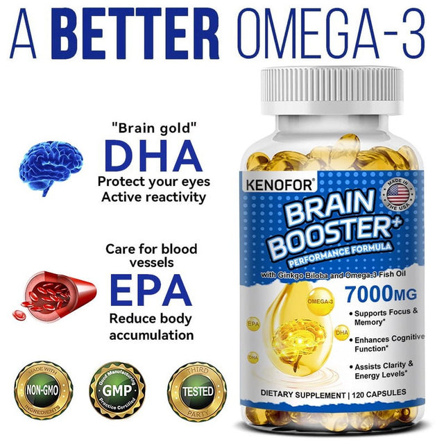 KENOFOR Brain Booster - 7000 Mg of EPA & DHA Optimum Essential Fatty Acids to Support Heart, Brain & Joints Advanced Burp-Free Softgel Supplement