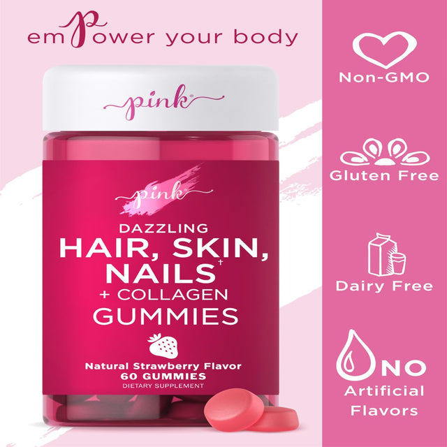 Pink Hair Skin Nails Gummies | 60 Count | plus Collagen | Vitamins for Women | Strawberry Flavor