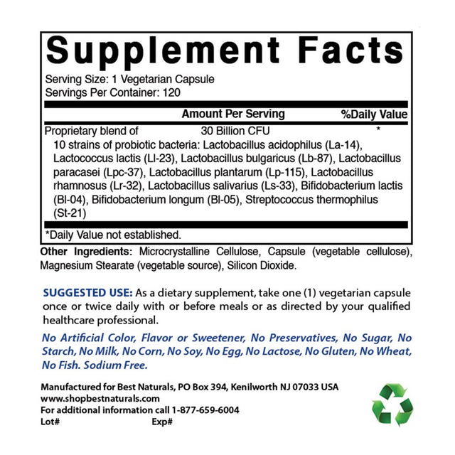 Best Naturals Probiotic 10 Strains & 30 Billion CFU Intestinal Flora 60 Vegetarian Capsules | Shelf Stable Probiotic