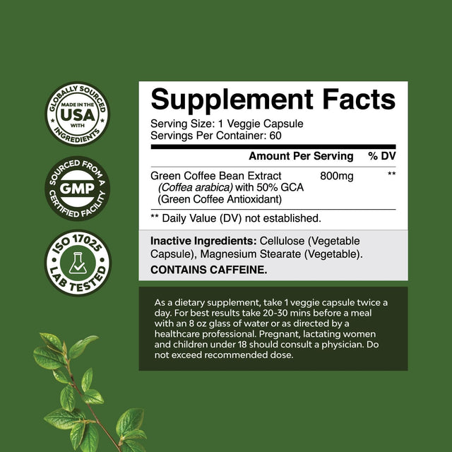 Pure Green Coffee Bean Extract - 800 Mg Green Coffee Extract Caffeine Energy Pills - 50% Green Coffee Antioxidant Nutritional Supplements for Brain Health and Immune Support with Brain Vitamins