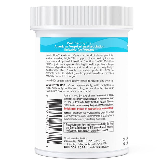 Nordic Naturals Nordic Flora Probiotic Maximum Care, Capsules, Vegan, 30 Ct