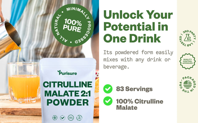Purisure Citrulline Malate 2:1 Powder, Muscle Recovery & Nitric Oxide Booster, 84 Servings