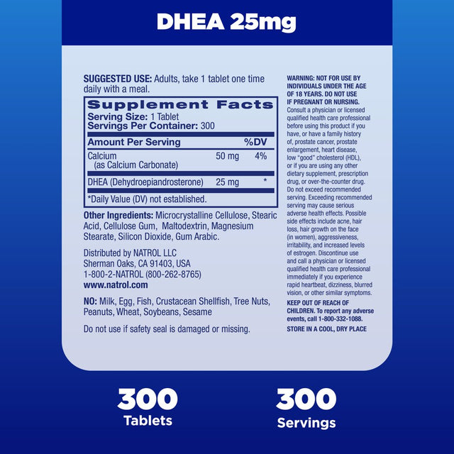 Natrol DHEA Tablets, Supports Balanced Hormone Levels & Healthy Mood, 25Mg, 300 Count