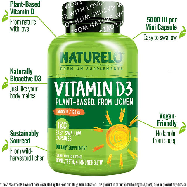 NATURELO Vitamin D3 - 5000 IU - Plant Based from Lichen - Natural Vegan D3 Supplement for Immune System, Bone Support, Joint Health - High Potency - Non-Gmo - Gluten Free - 180 Capsules