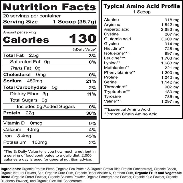 NATURELO Plant Protein Powder, Chocolate, 22G Protein - Non-Gmo, Vegan, No Gluten, Dairy, or Soy - No Artificial Flavors, Synthetic Coloring, Preservatives, or Additives - 20 Servings
