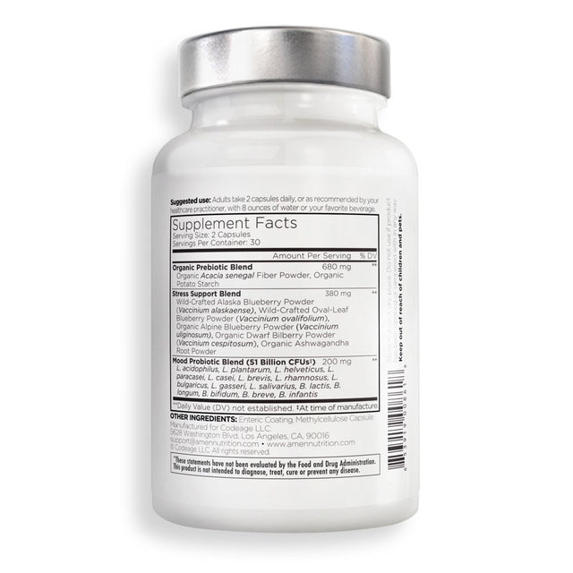 Amen Mood Probiotic +, Organic Prebiotics, 51 Billion Cfus, Ashwagandha, Blueberries, Non-Gmo, 60 Ct