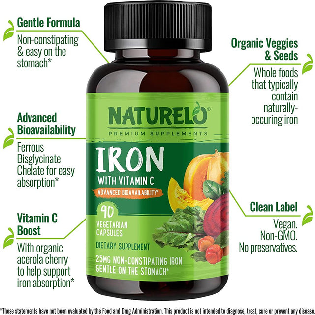 NATURELO Vegan Iron Supplement with Vitamin C and Organic Whole Foods - Gentle Iron Pills for Women & Men W/ Iron Deficiency Including Pregnancy, Anemia and Vegan Diets - 90 Mini Capsules