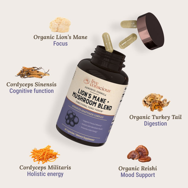 Lion’S Mane + Mushroom Blend with Cordyceps, Turkey Tail, and Reishi - for Cognitive Health and Gut Health | by Live Conscious - 30 Servings
