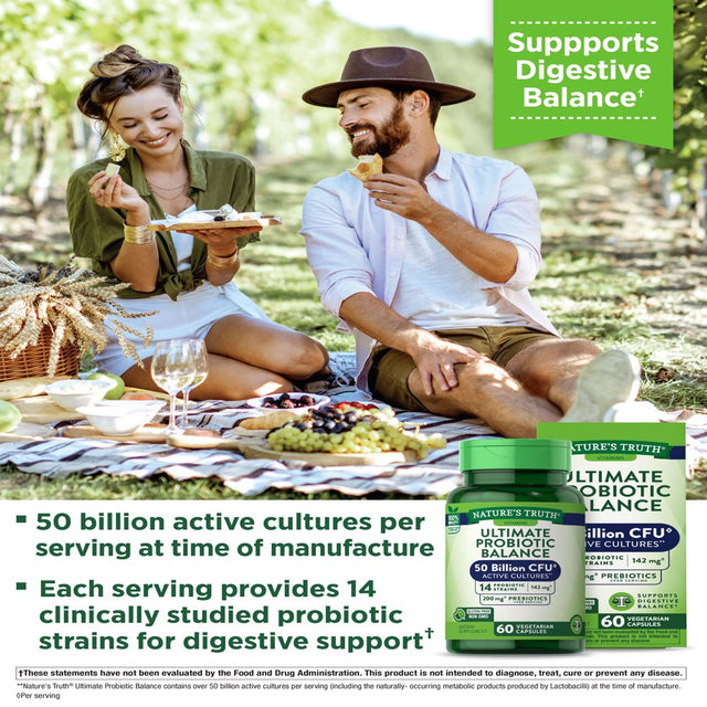 Probiotic 50 Billion CFU | 200Mg Prebiotics | 60 Capsules | Vegetarian, Non GMO & Gluten Free Supplement for Men and Women | Supports Digestive Balance | by Nature'S Truth