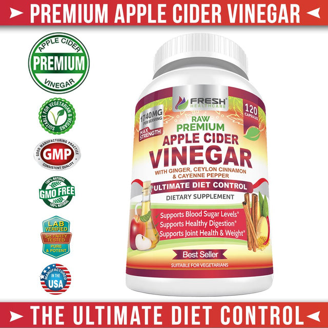 Premium Apple Cider Vinegar Pills Max 1740Mg with Mother - 100% Natural & Raw with Cinnamon, Ginger & Cayenne Pepper - Ideal for Healthy Blood Sugar, Detox & Digestion-120 Vegan Capsules