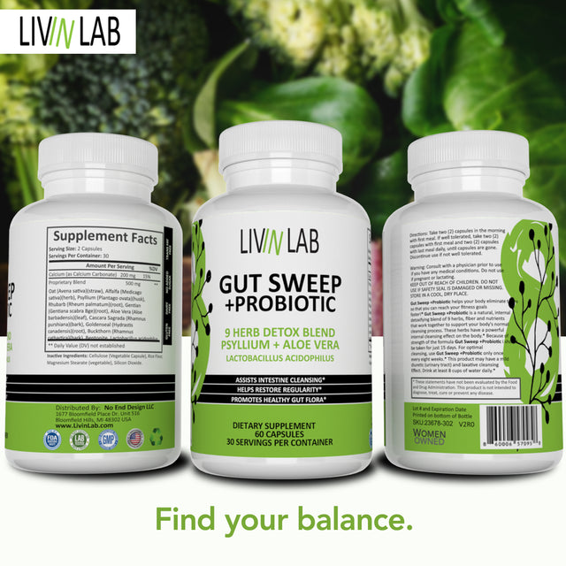 Livin Lab Gut Sweep Probiotic | Colon Detox | Cleansing + Probiotic | Weight Loss | for Men & Women | 60 Capsules
