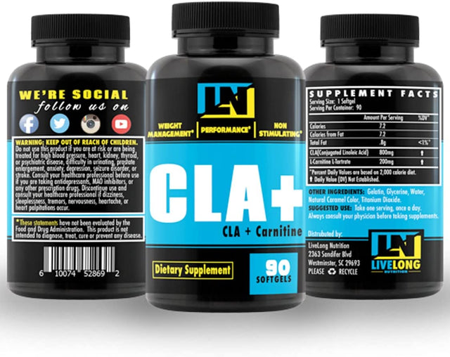 Cla+Carnitine High Potency, Non Stimulant Weight Loss Supplement, Conjugated Linoleic Acid, L-Carnitine Metabolic Enhancer, Caffeine Free Fat Burner, Improve Fitness Activity 90 Softgels