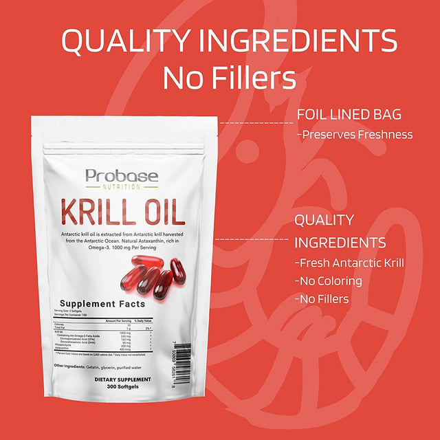 Probase Nutrition Antarctic Krill Oil Supplement, 1000Mg per Serving, 300 Soft-Gels, Rich in Omega-3S EPA, DHA & Natural Astaxanthin, Supports Immune System & Brain Health, Easy to Swallow