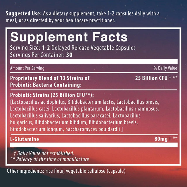 Natural Rhythm Digestive Calm Probiotic (Plus L-Glutamine) 25 Billion CFU and 13 Strains. - 60 Vegetarian Capsules.