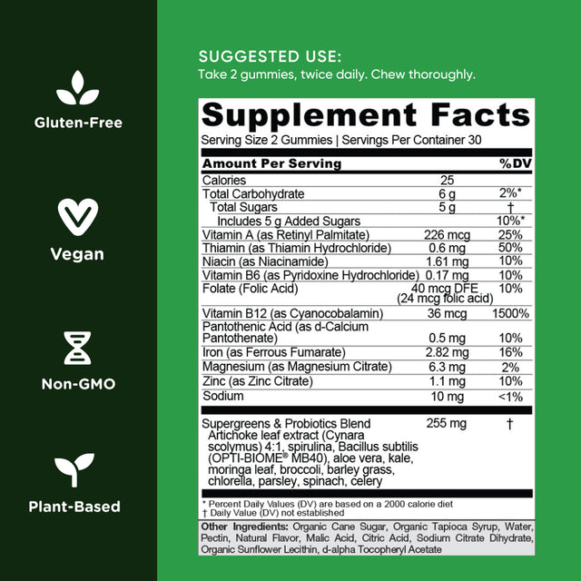 Goli Nutrition Supergreens Gummies, Super Green and Probiotic Blend Dietary Supplement, 60 Count