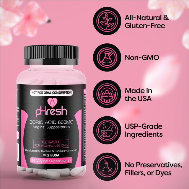 Phresh Boric Acid Suppositories (600 Mg, 30 Count) with 15 Suppository Applicators - Made in USA