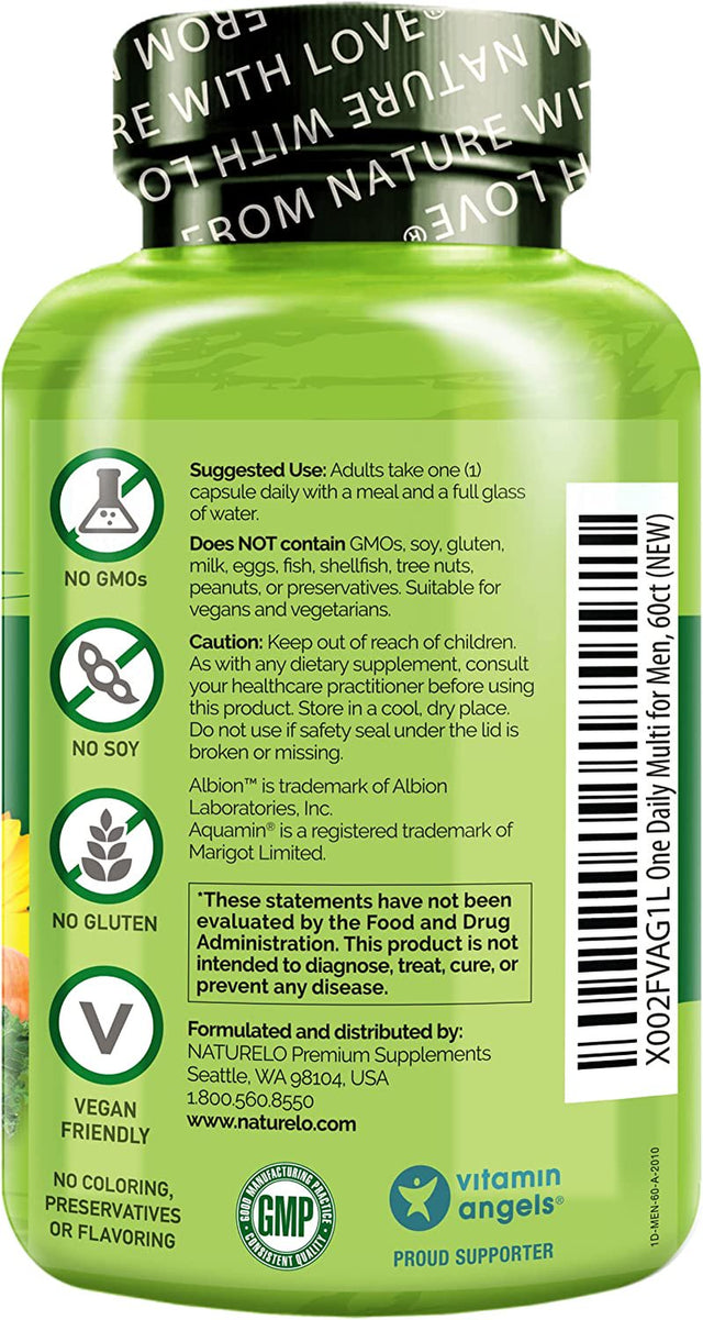 NATURELO One Daily Multivitamin for Men - with Vitamins & Minerals + Organic Whole Foods - Supplement to Boost Energy, General Health - Non-Gmo - 60 Capsules