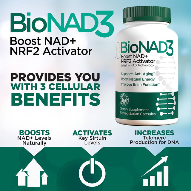 Bionad3 NAD3 NAD+ Supplement | NRF2 Activator | anti Aging | Proven Nicotinamide Riboside Booster | Metabolic Activator | Boosts NAD+ and Natural Energy | 60 Capsules