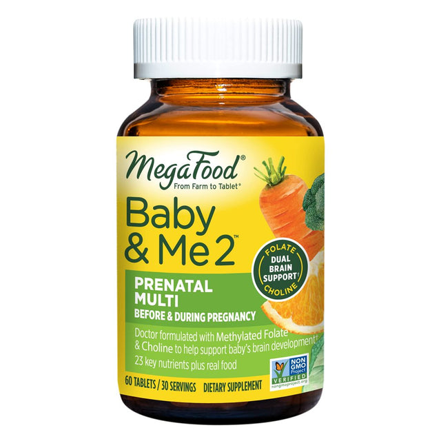 Megafood Baby & Me 2 Prenatal Multi - Prenatal Vitamins for Mom & Developing Baby - Dr Formulated with Essential Nutrients like Folic Acid, Choline, Biotin, and More - Non-Gmo - 60 Tabs (30 Servings)