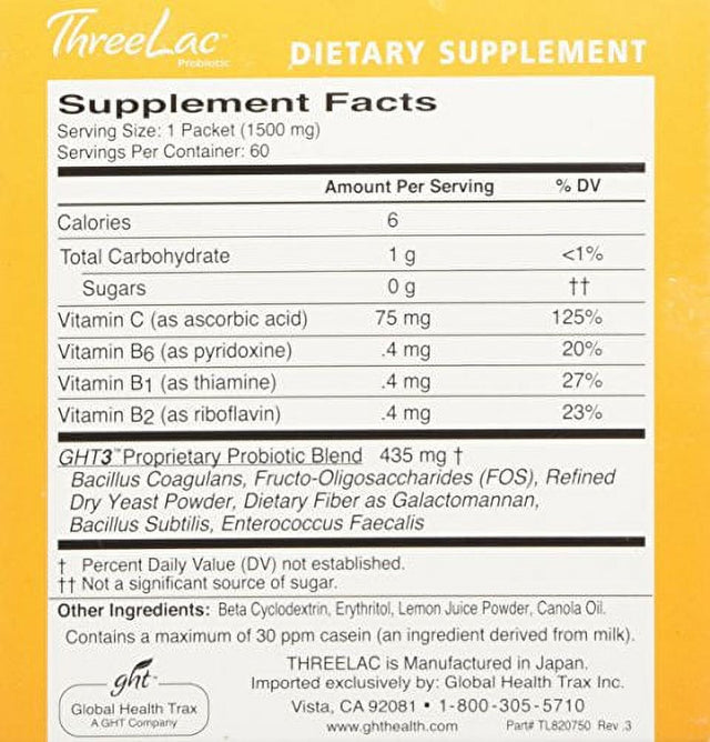 Global Health Trax Threelac Probiotic Lemon - 2 Boxes (60 Packets Each). Great Lemon-Flavored Dietary Supplement