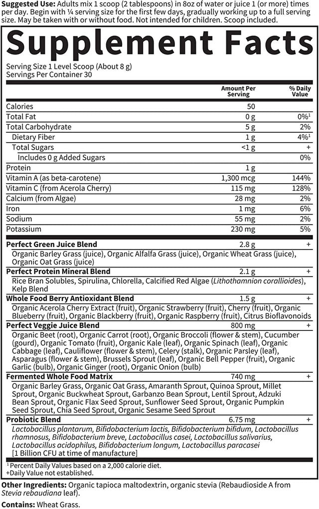 Garden of Life Perfect Food Berry Super Green Fruit & Veggie Formula - 30 Servings, 49 Superfoods Greens, Sprouts, Fruits, Veggies, Probiotics, Spirulina, Vegetarian Juice Superfood Powder Supplement