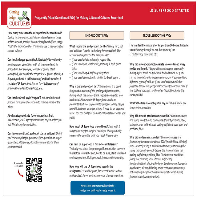LR Superfood Starter Culture L. Reuteri Probiotic as Recommended by Dr William Davis Super Gut, MD Cultured Dairy Low and Slow Yogurt Lactobacillus