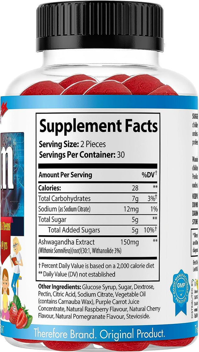 B.Calm Brain Focus Gummies for Kids with Ashwagandha Root Extract, Children Brain Supplement, Heart and Vision Support, Tasty Fruity Flavored 60Ct