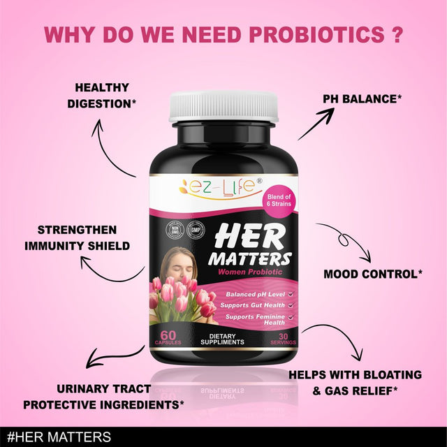 Her Matters Probiotic Supplement for Women Support Urinary Tract Health, Feminine Odor, Balance Ph, & Restore Proper Gut Flora 60 Capsules