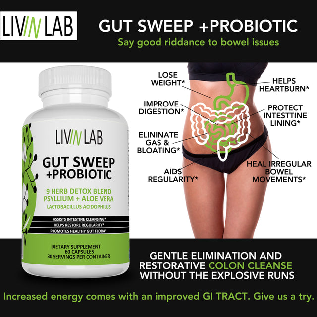 Livin Lab Gut Sweep Probiotic | Colon Detox | Cleansing + Probiotic | Weight Loss | for Men & Women | 60 Capsules