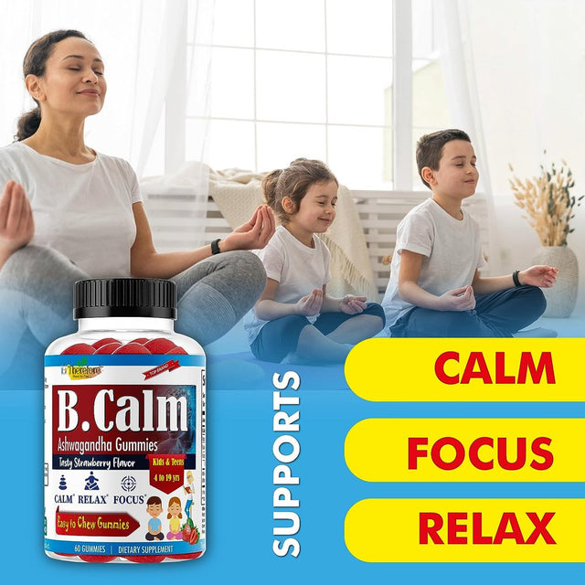 B.Calm Brain Focus Gummies for Kids with Ashwagandha Root Extract, Children Brain Supplement, Heart and Vision Support, Tasty Fruity Flavored 60Ct