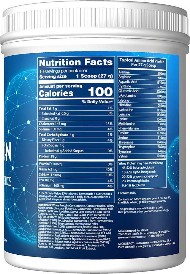 MRM Nutrition Whey Protein | Chocolate Flavored |18G Protein | with 2 Billion Probiotics + Digestive Enzymes + Bcaas | High Absorption + Digestion | Hormone + Antibiotic Free | 17 Servings