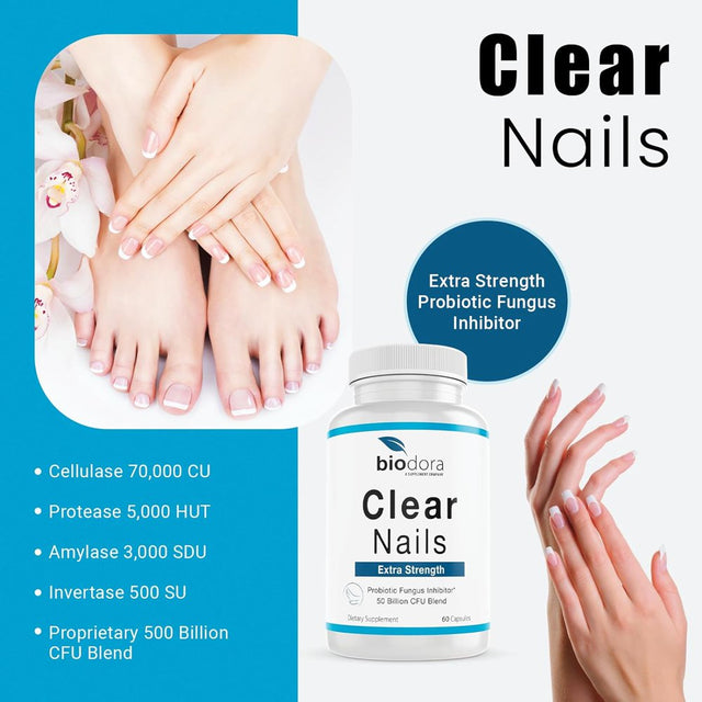 Biodora Clear Nails -Cellulase, Amylase, Invertase, Protease, Proprietary Blend- Extra Strength - Probiotic Fungus Inhibitor- 60 Capsules